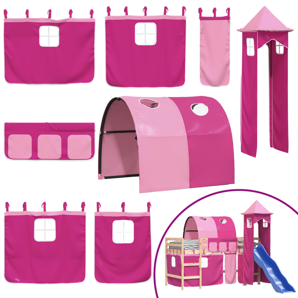 Letto a Soppalco con Torre Bambini Rosa 90x200cm Massello Pino - homemem39