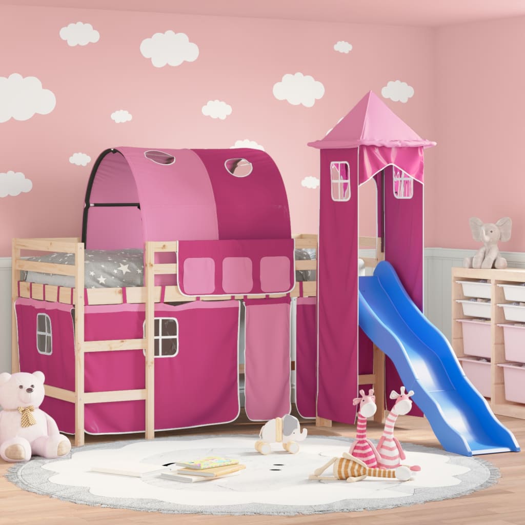 Letto a Soppalco con Torre Bambini Rosa 90x200cm Massello Pino - homemem39