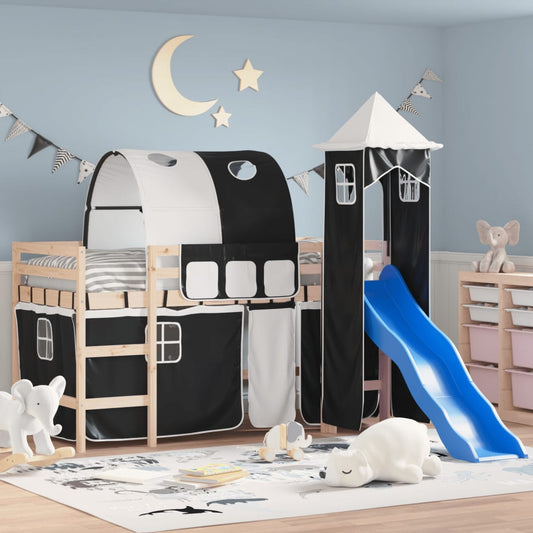 Letto a Soppalco con Torre Bambini Bianco e Nero 90x190cm Pino - homemem39