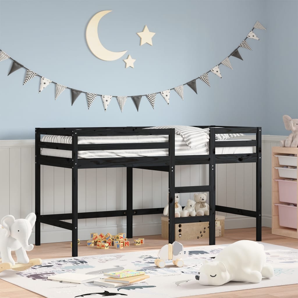 Letto Soppalco con Scala Bambini Nero 90x200cm Massello Pino - homemem39