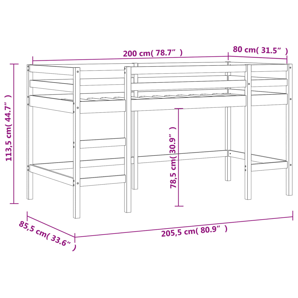 Letto Soppalco con Scala Bambini Nero 80x200cm Massello Pino - homemem39