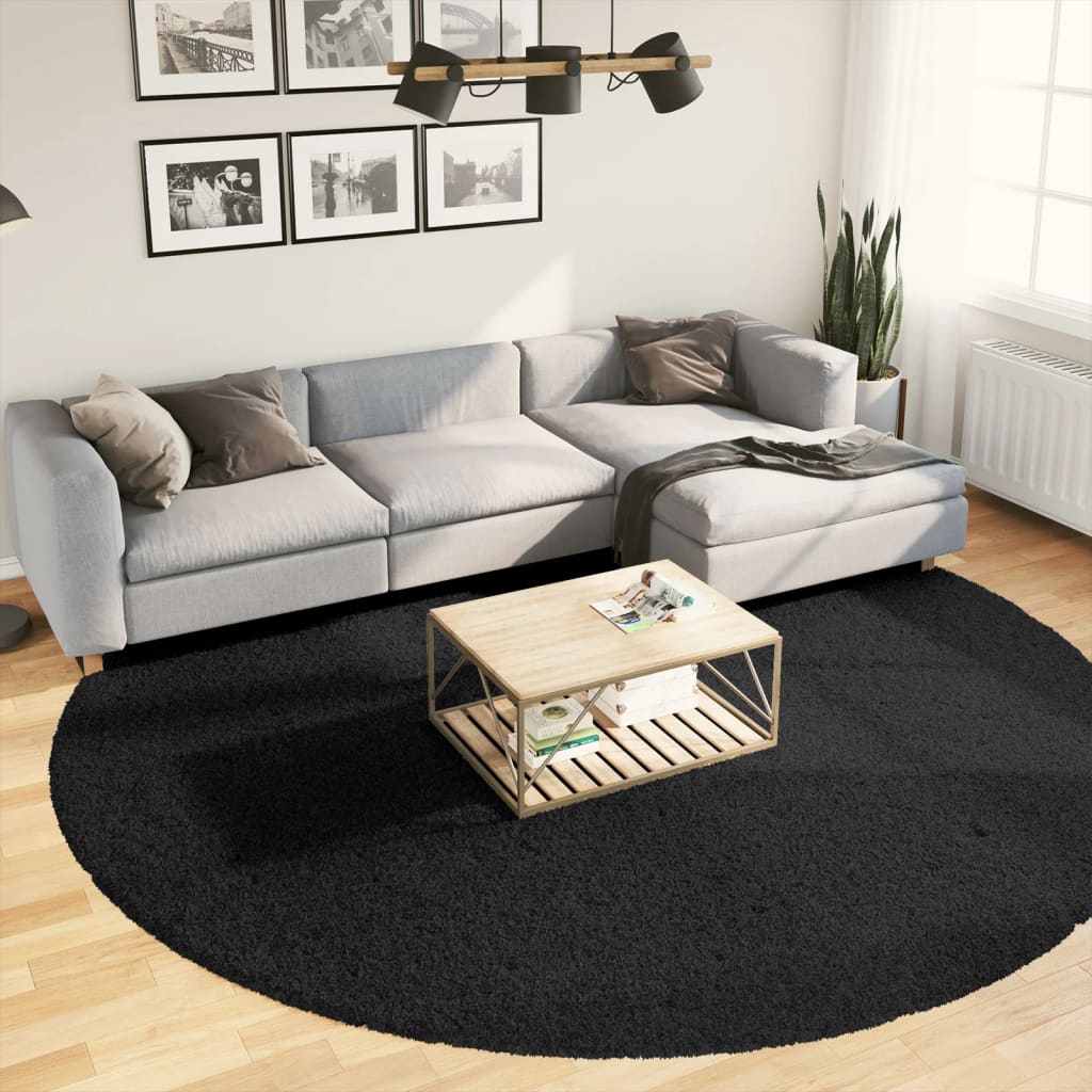 Tappeto Shaggy a Pelo Lungo Moderno Nero Ø 280 cm - homemem39