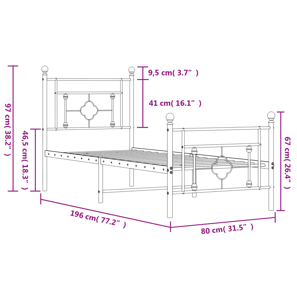 Giroletto con Testiera e Pediera Metallo Bianco 75x190 cm - homemem39