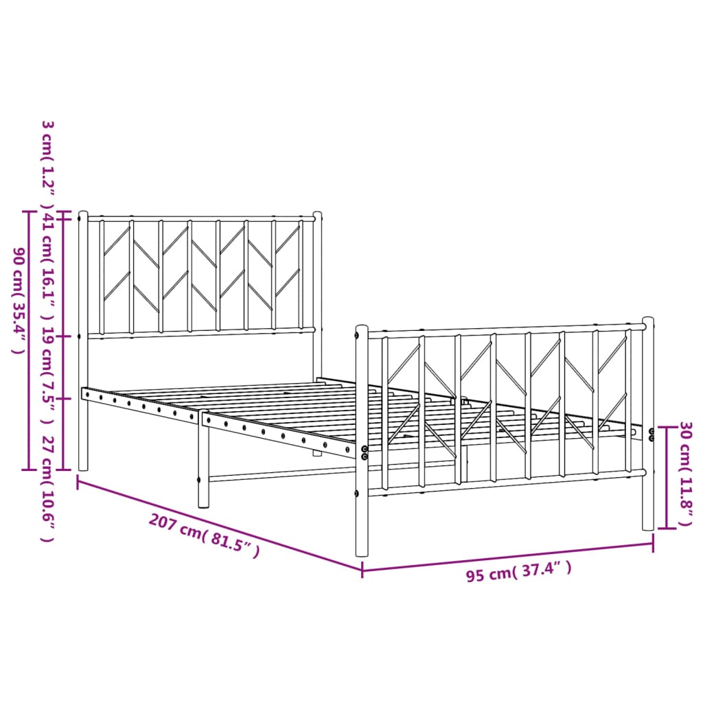 Giroletto con Testiera e Pediera Metallo Nero 90x200 cm - homemem39