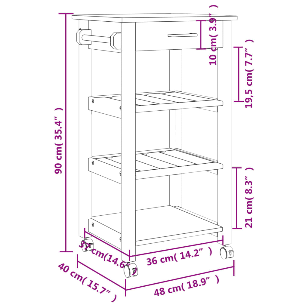 Carrello da Cucina MONZA 48x40x90 cm in Legno Massello di Pino - homemem39