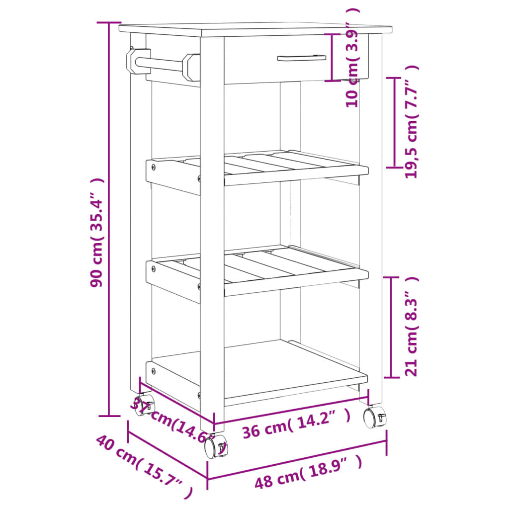 Carrello da Cucina MONZA 48x40x90 cm in Legno Massello di Pino - homemem39