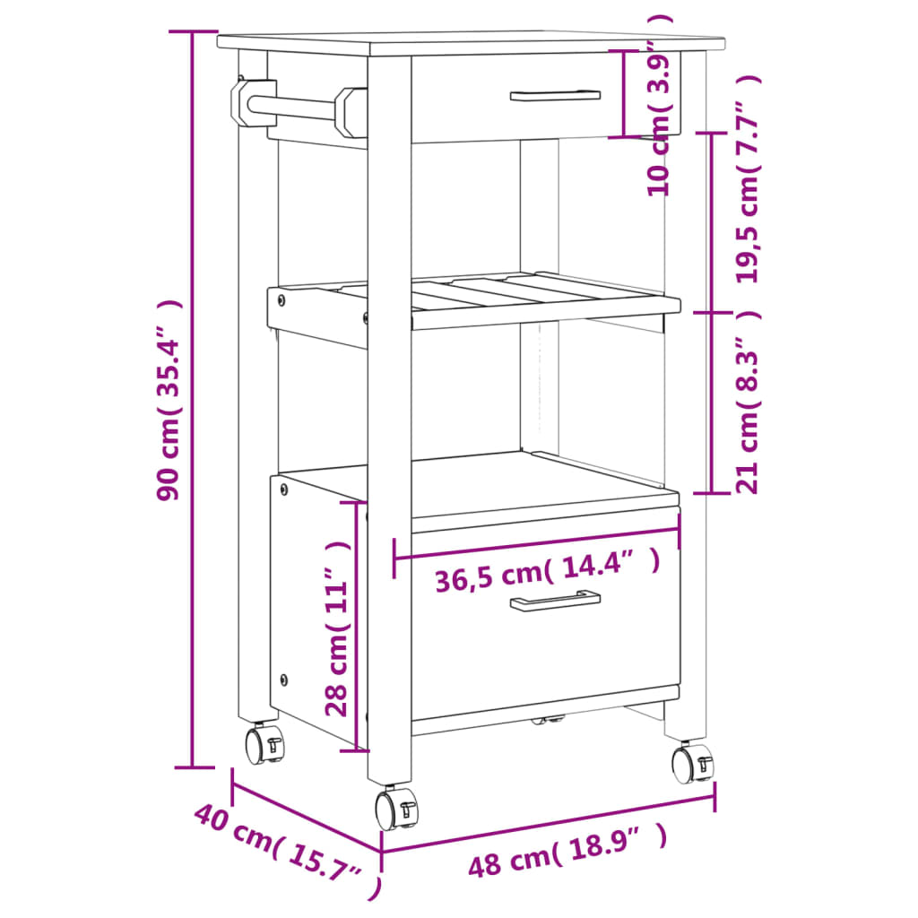 Carrello da Cucina MONZA 48x40x90 cm in Legno Massello di Pino - homemem39