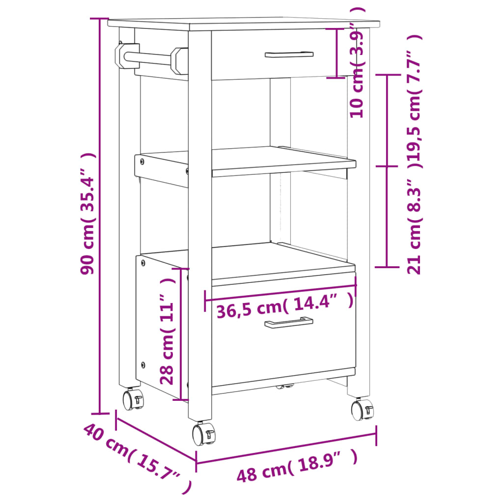 Carrello da Cucina MONZA 48x40x90 cm in Legno Massello di Pino - homemem39