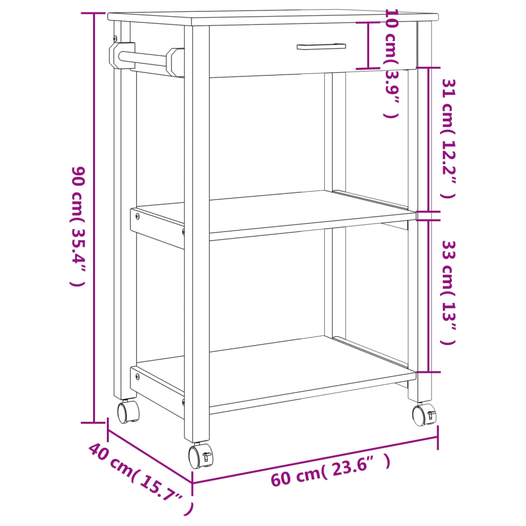 Carrello da Cucina MONZA 60x40x90 cm in Legno Massello di Pino - homemem39