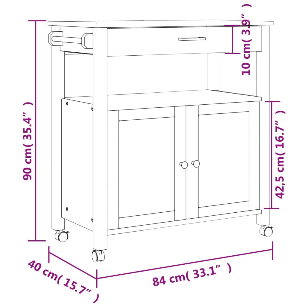 Carrello da Cucina MONZA 84x40x90 cm in Legno Massello di Pino - homemem39