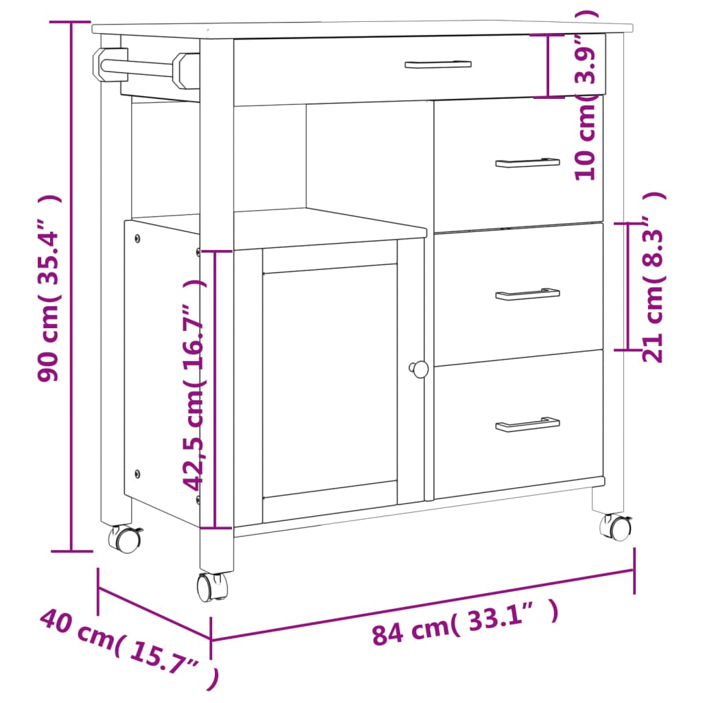 Carrello da Cucina MONZA 84x40x90 cm in Legno Massello di Pino - homemem39