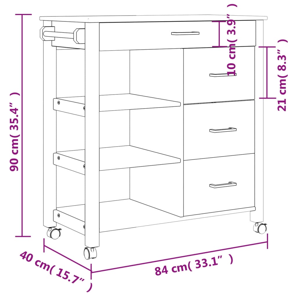 Carrello da Cucina MONZA 84x40x90 cm in Legno Massello di Pino - homemem39