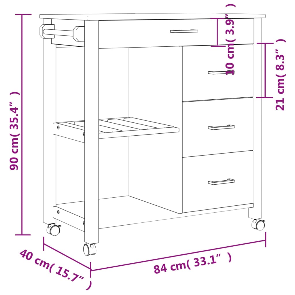 Carrello da Cucina MONZA 84x40x90 cm in Legno Massello di Pino - homemem39