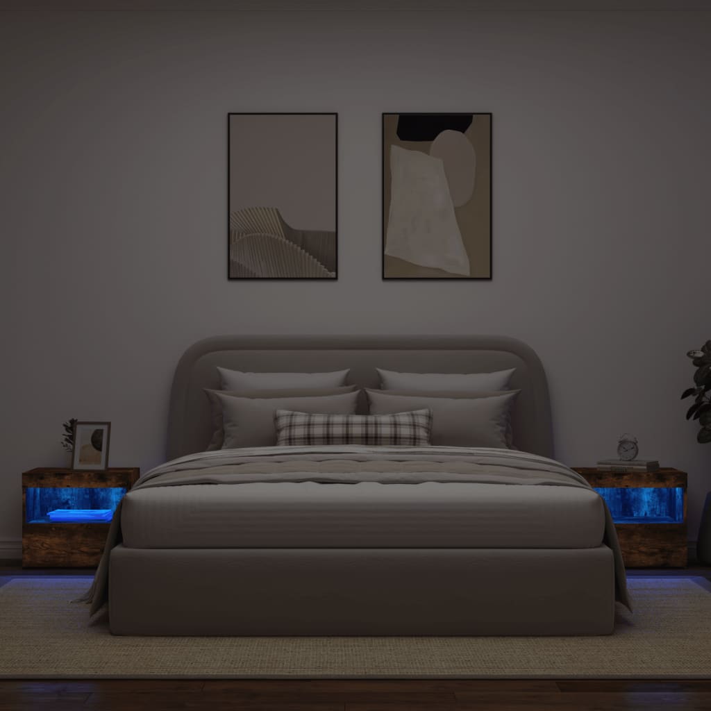 Comodini con Luci LED 2pz Rovere Fumo 50x40x45 cm - homemem39