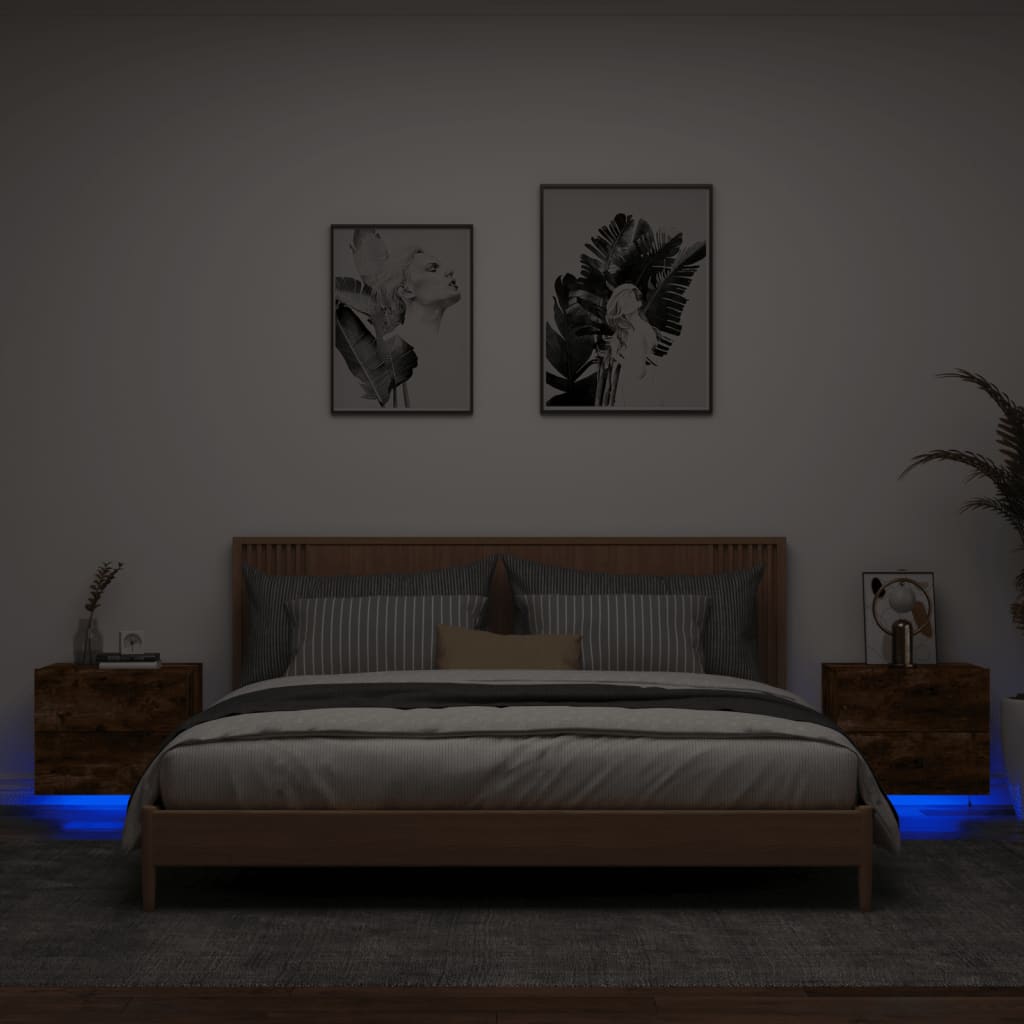 Comodini a Parete con luci LED 2 pz Rovere Fumo - homemem39