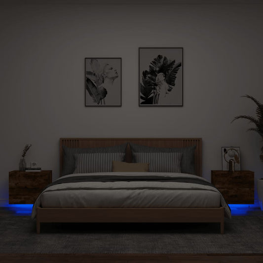 Comodini a Parete con luci LED 2 pz Rovere Fumo - homemem39