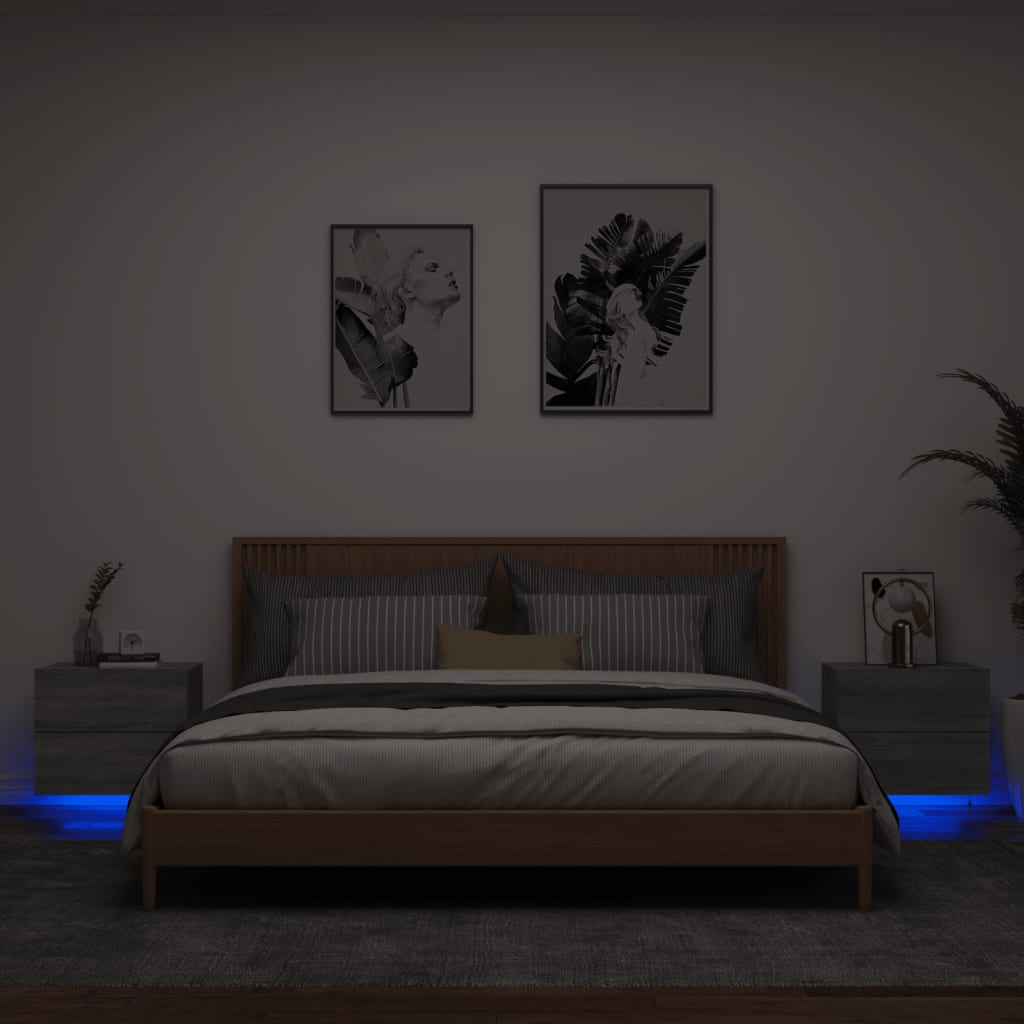 Comodini a Parete con luci LED 2 pz Grigio Sonoma - homemem39