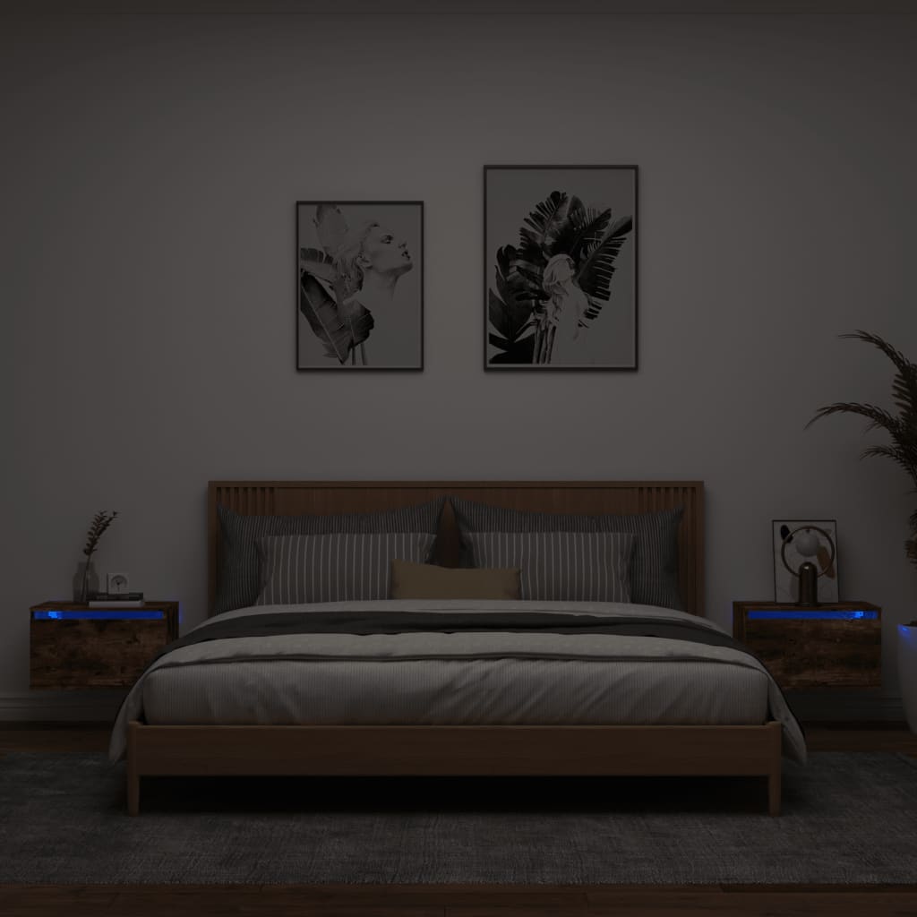 Comodini a Parete con luci LED 2 pz Rovere Fumo - homemem39