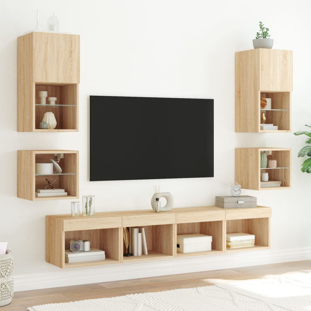 Mobili TV a Parete con Luci LED 2pz Rovere Sonoma 30x28,5x30 cm - homemem39