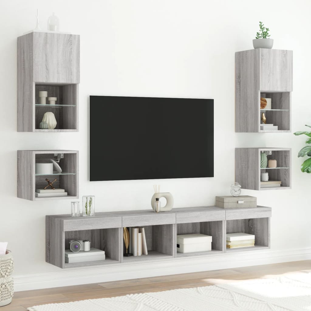 Mobili TV a Parete con Luci LED 2pz Grigio Sonoma 30x28,5x30 cm - homemem39