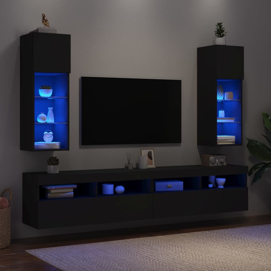 Mobili Porta TV con Luci LED 2 pz Neri 30,5x30x90 cm - homemem39
