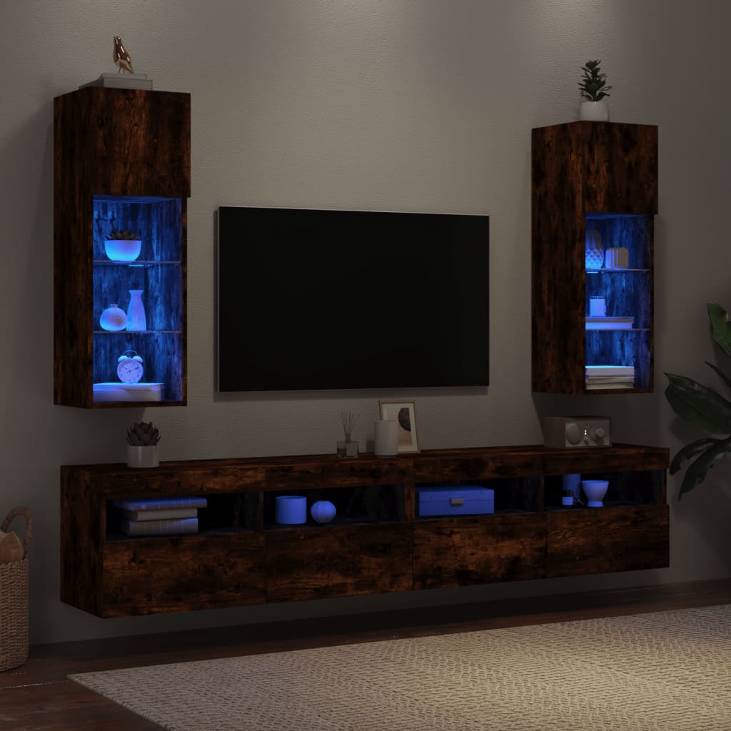 Mobili Porta TV con Luci LED 2 pz Rovere Fumo 30,5x30x90 cm - homemem39