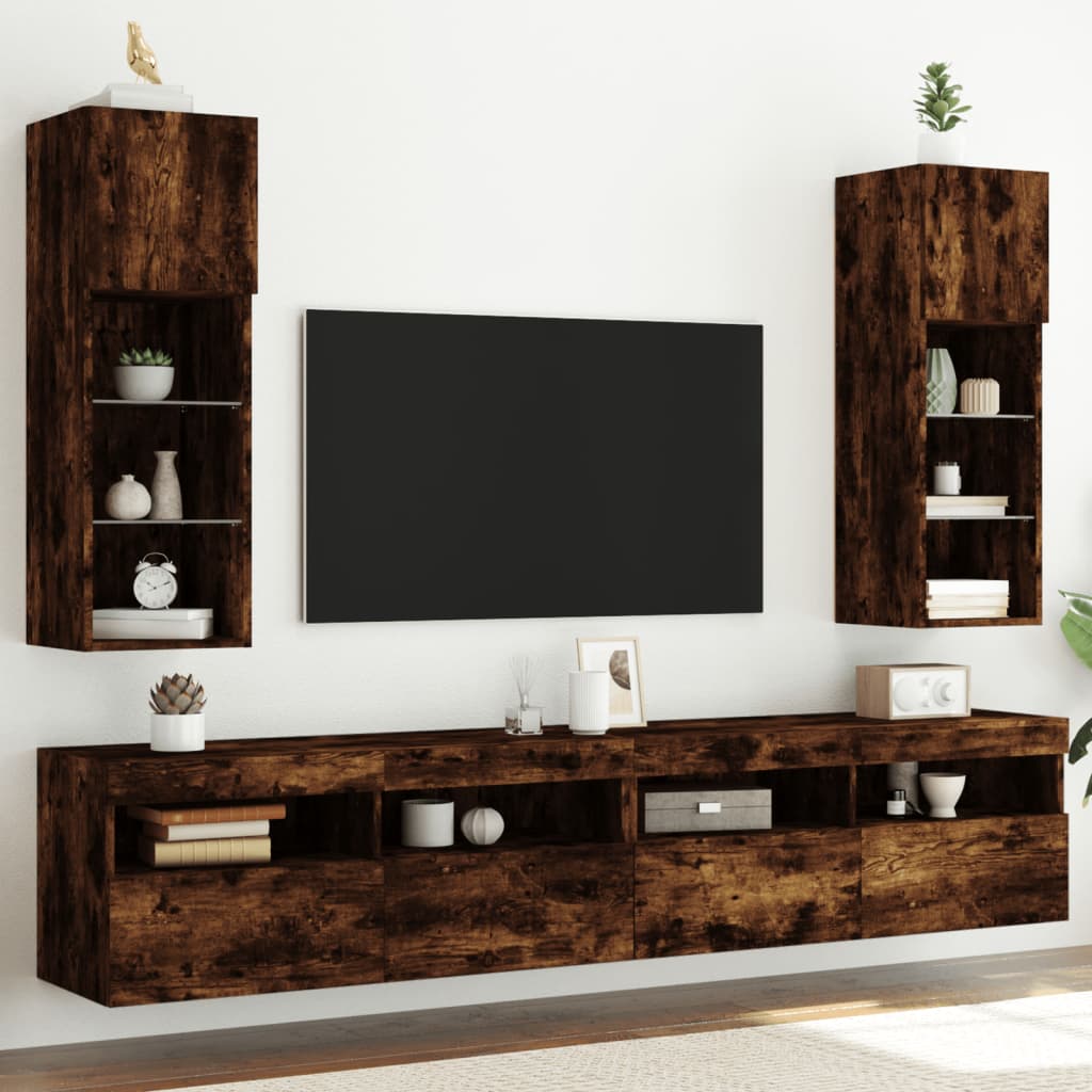 Mobili Porta TV con Luci LED 2 pz Rovere Fumo 30,5x30x90 cm - homemem39