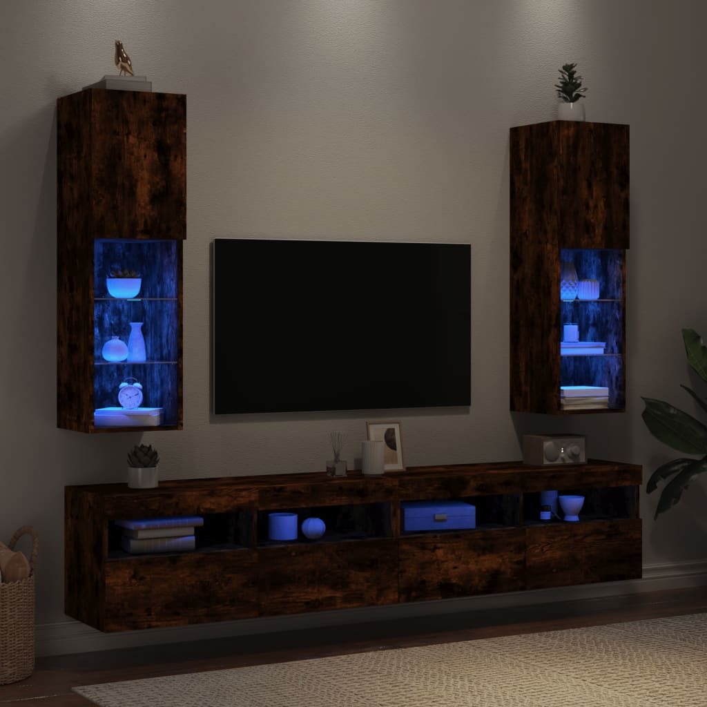 Mobili Porta TV con Luci LED 2 pz Rovere Fumo 30,5x30x102 cm - homemem39