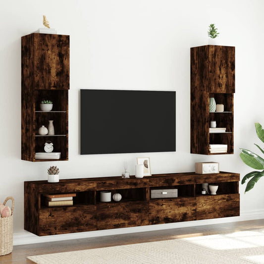 Mobili Porta TV con Luci LED 2 pz Rovere Fumo 30,5x30x102 cm - homemem39