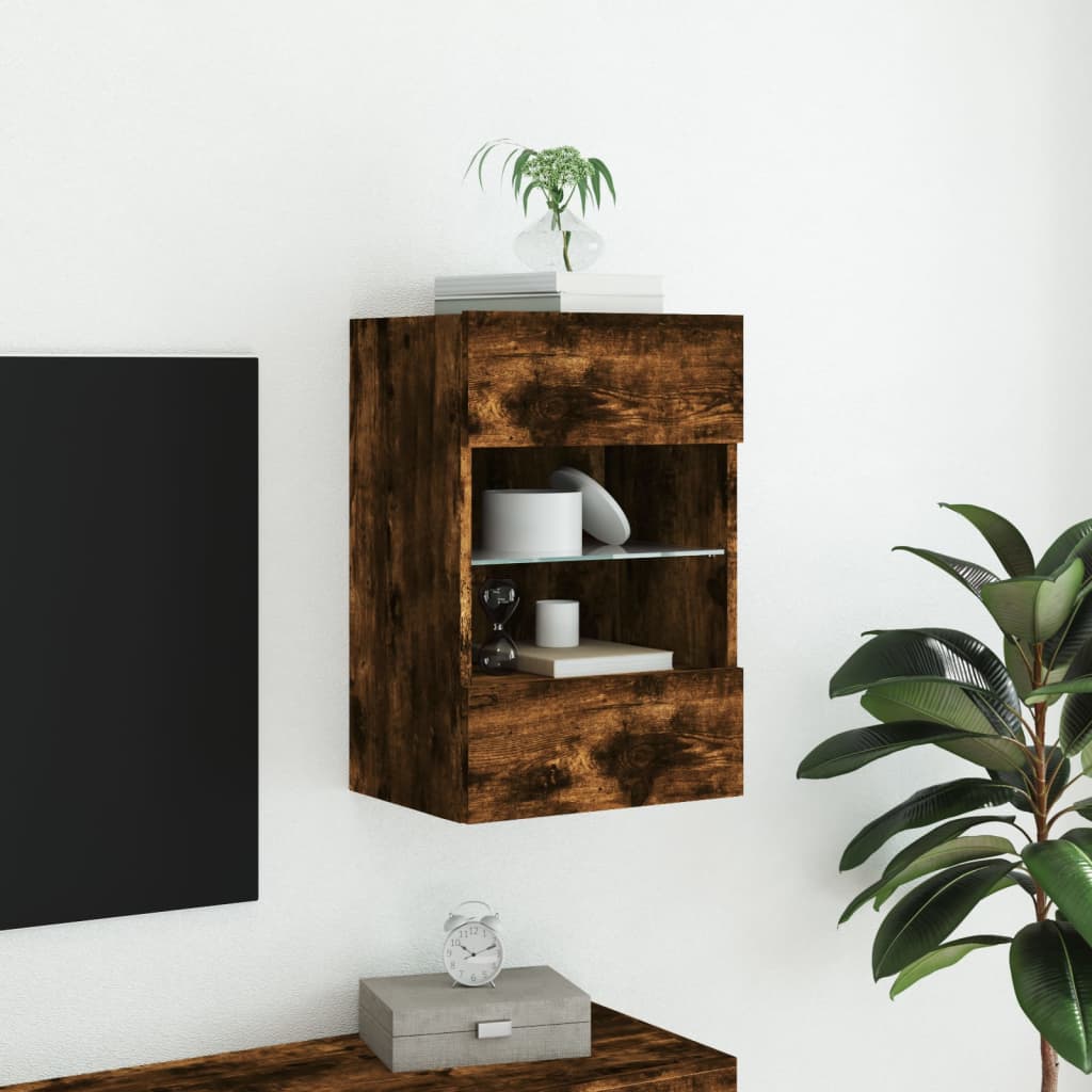 Mobile TV a Parete con Luci LED Rovere Fumo 40x30x60,5 cm - homemem39