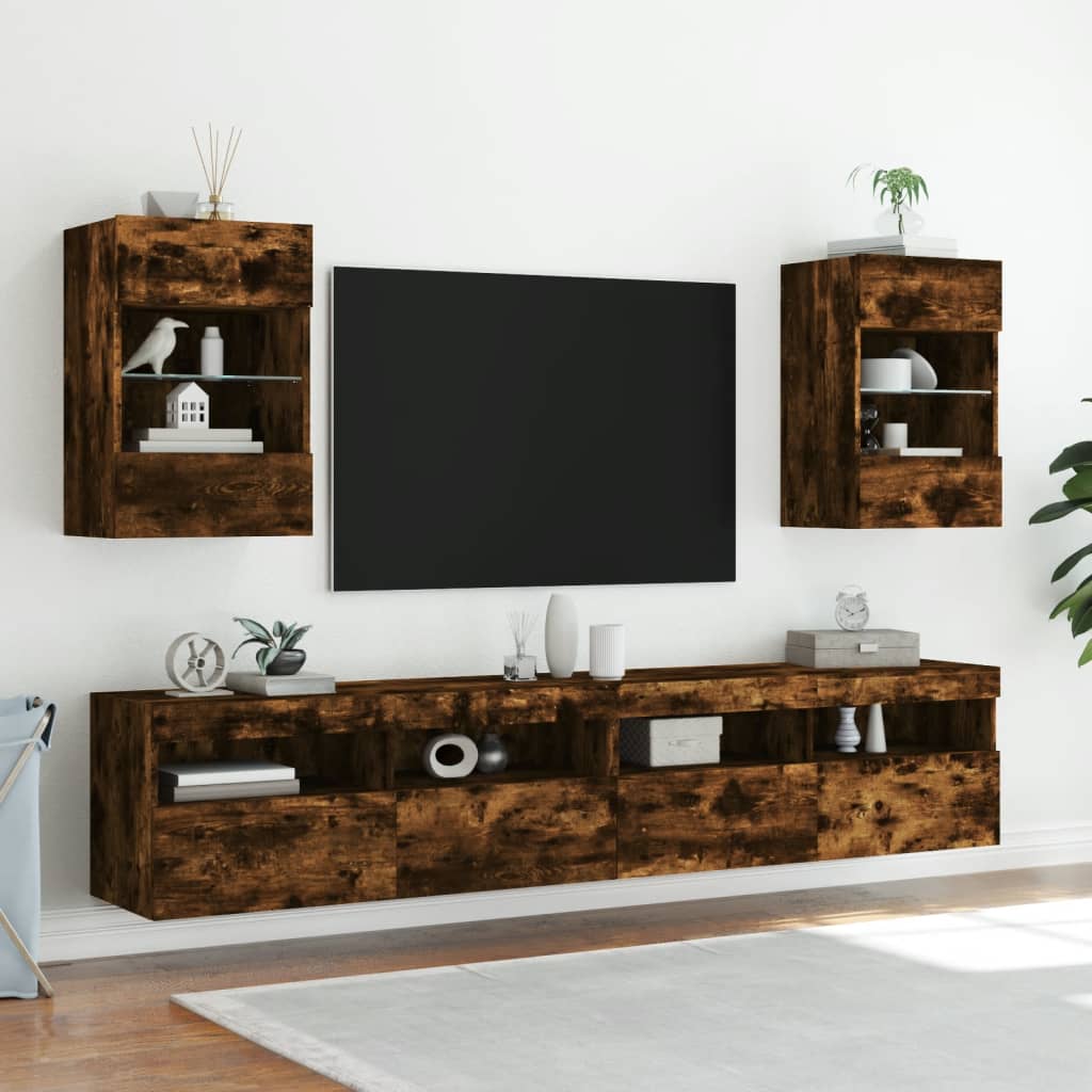 Mobili TV a Parete con Luci LED 2pz Rovere Fumo 40x30x60,5 cm - homemem39