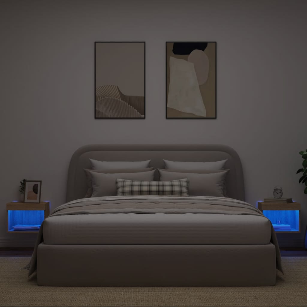 Comodini con Luci LED a Parete 2pz Rovere Sonoma - homemem39