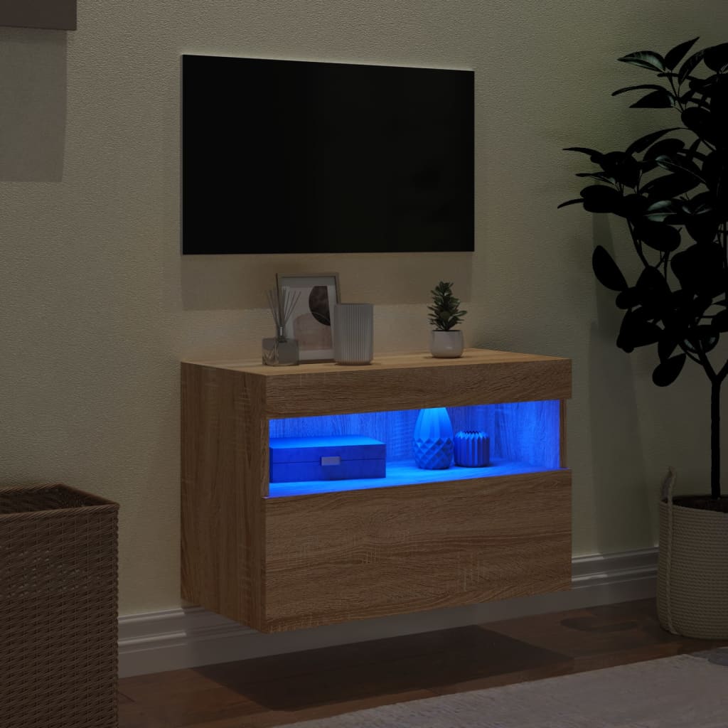 Mobile TV a Parete con Luci LED Rovere Sonoma 60x30x40 cm - homemem39