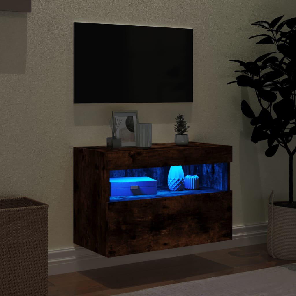 Mobile TV a Parete con Luci LED Rovere Fumo 60x30x40 cm - homemem39