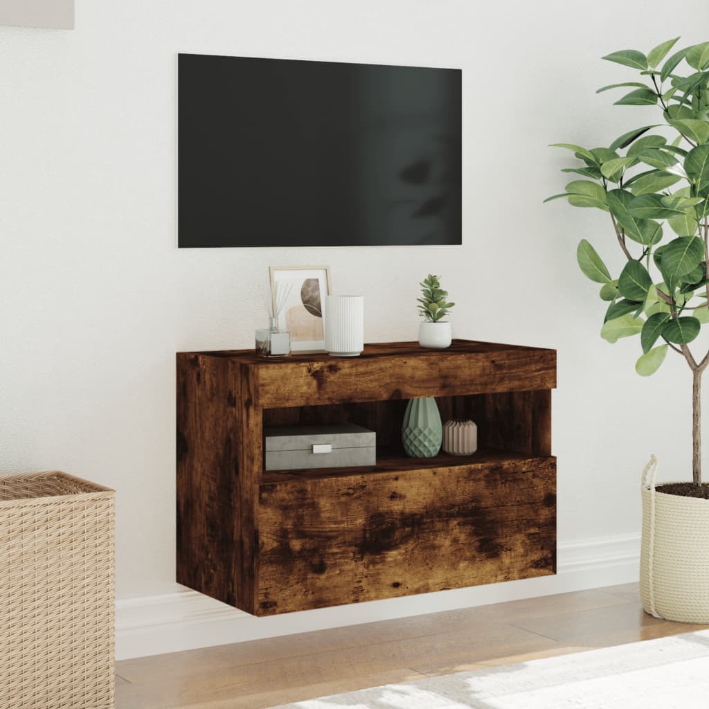 Mobile TV a Parete con Luci LED Rovere Fumo 60x30x40 cm - homemem39