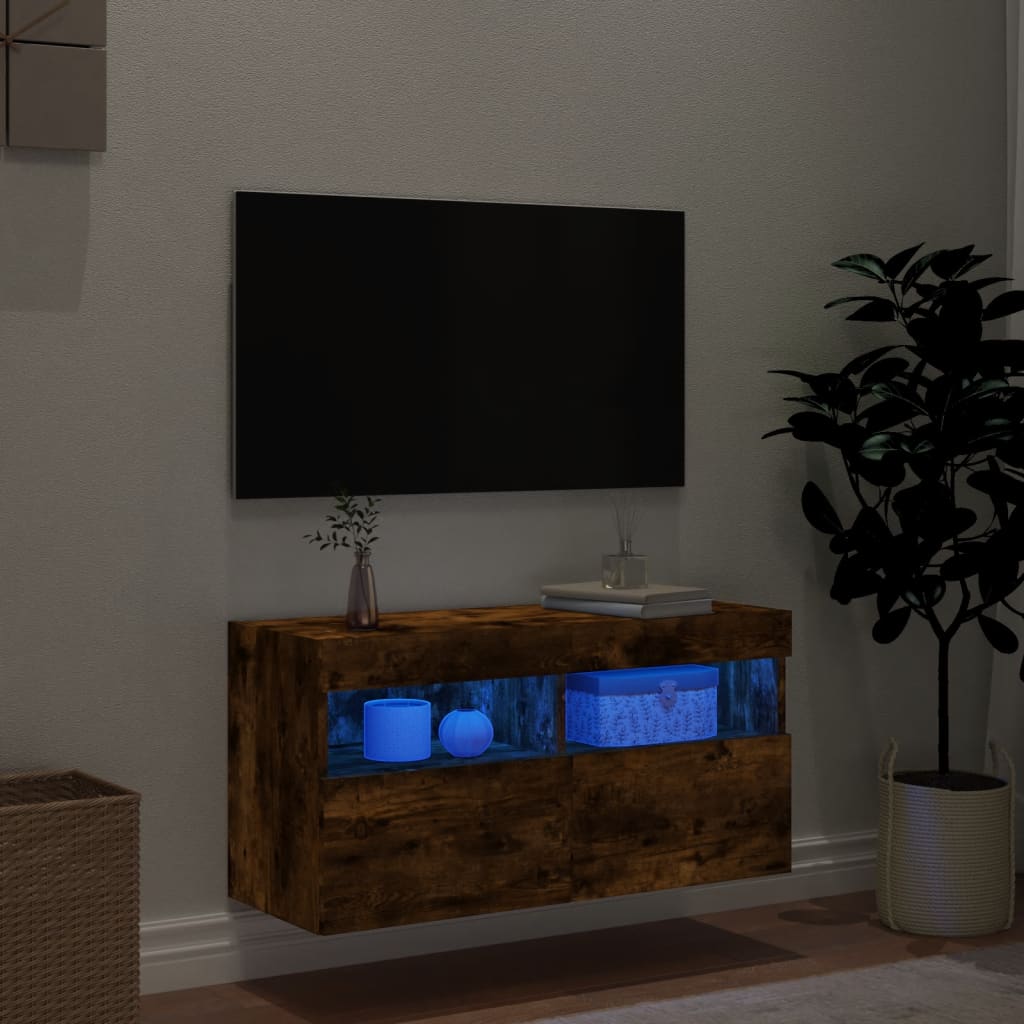 Mobile TV a Parete con Luci LED Rovere Fumo 80x30x40 cm - homemem39