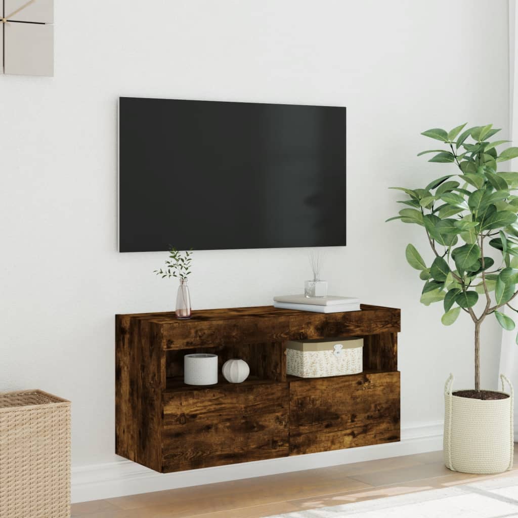 Mobile TV a Parete con Luci LED Rovere Fumo 80x30x40 cm - homemem39