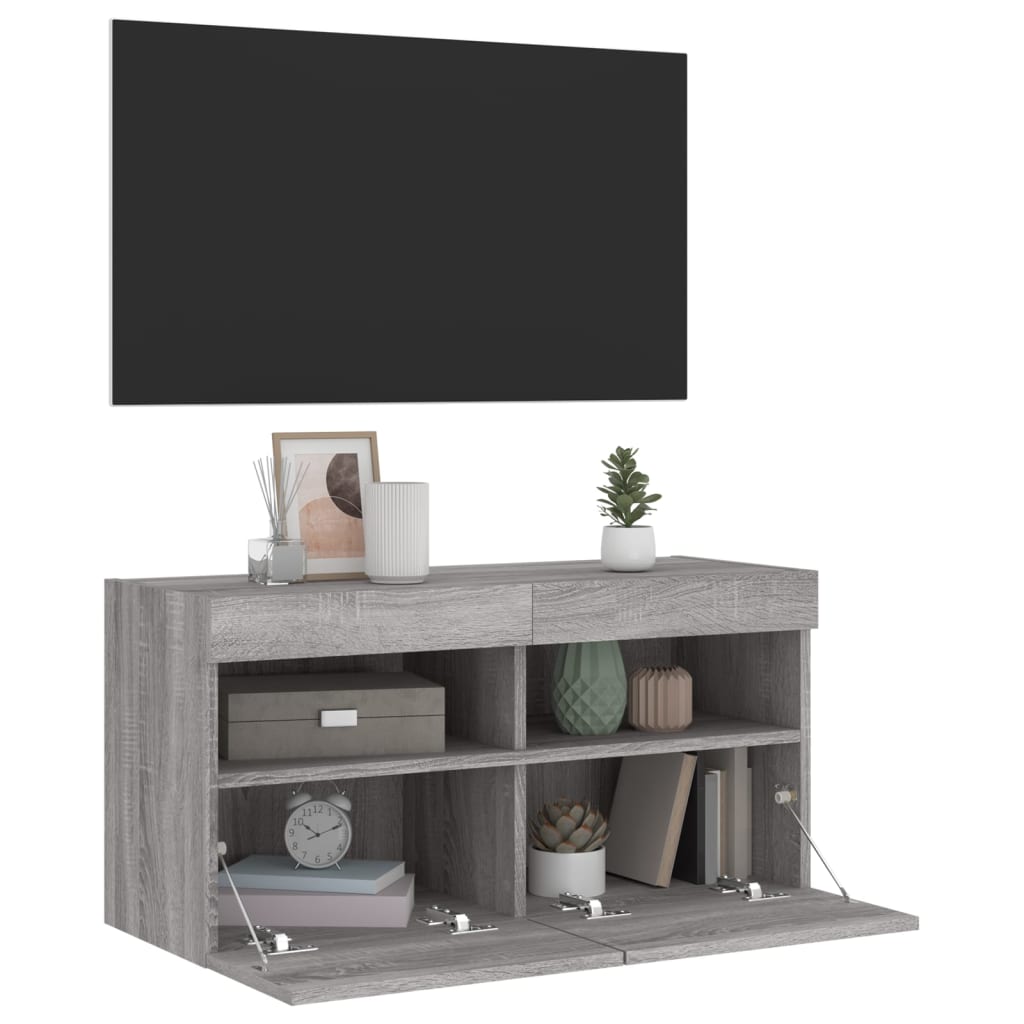 Mobile TV a Parete con Luci LED Grigio Sonoma 80x30x40 cm - homemem39