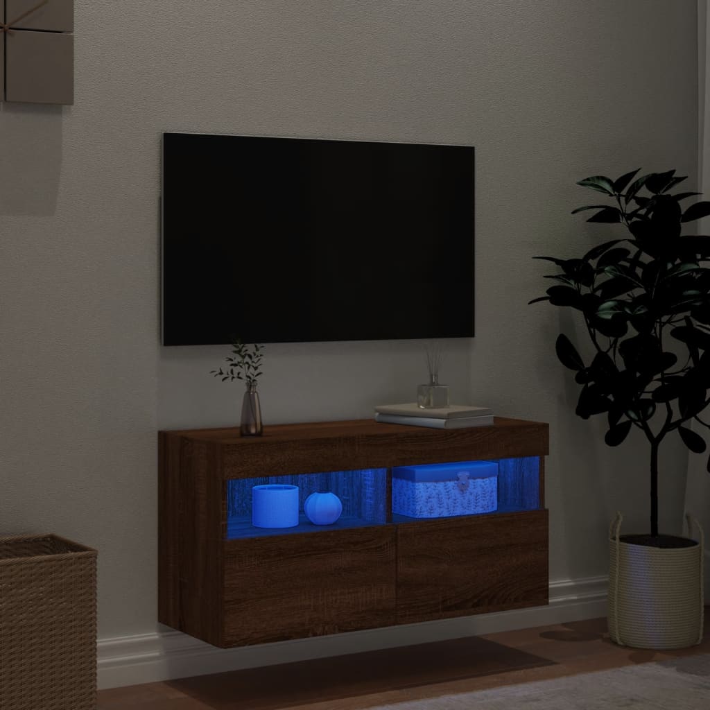 Mobile TV a Parete con Luci LED Rovere Marrone 80x30x40 cm - homemem39