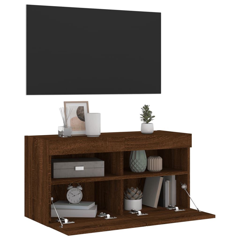 Mobile TV a Parete con Luci LED Rovere Marrone 80x30x40 cm - homemem39