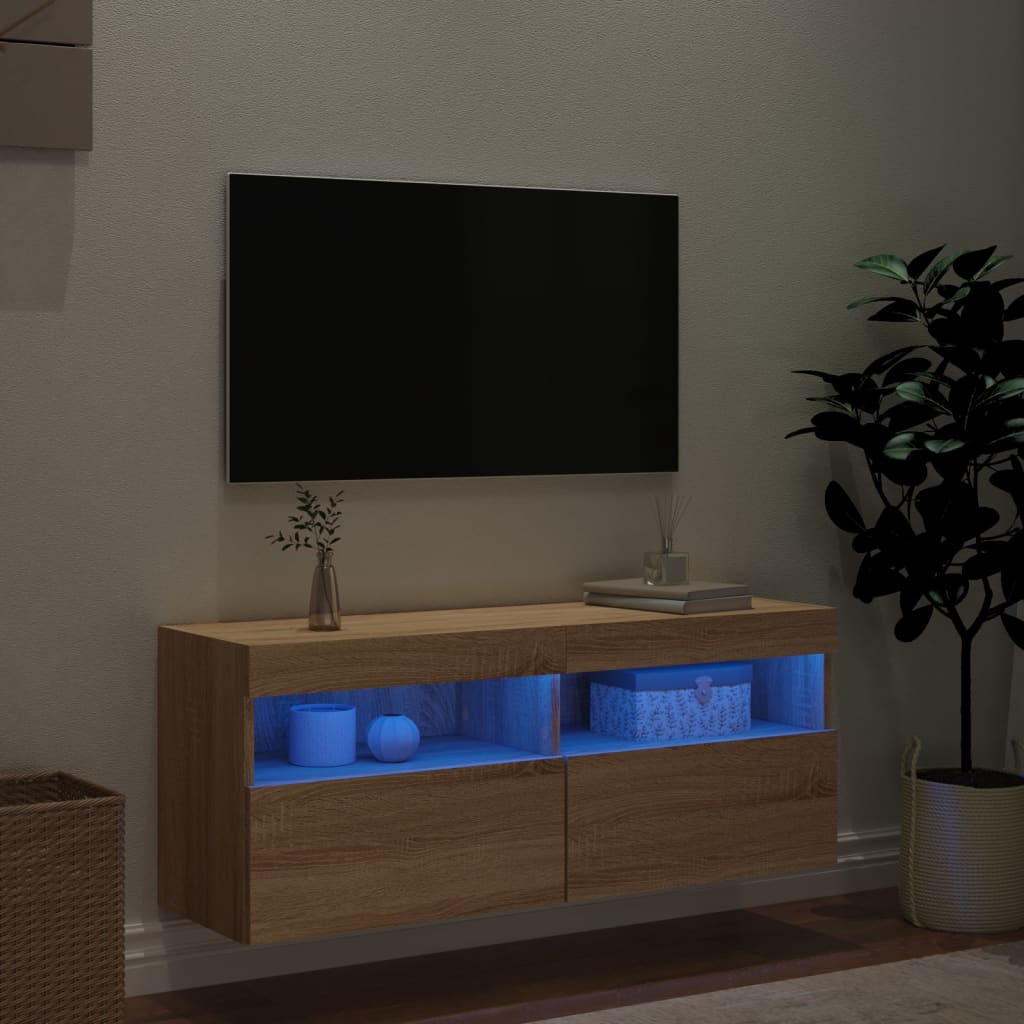 Mobile TV a Parete con Luci LED Rovere Sonoma 100x30x40 cm - homemem39