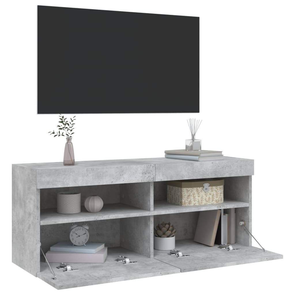 Mobile TV a Parete con Luci LED Grigio Cemento 100x30x40 cm - homemem39