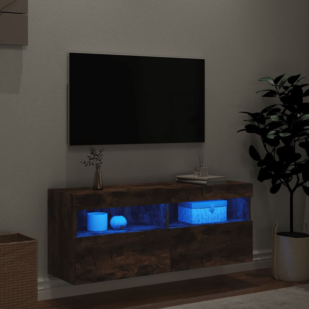 Mobile TV a Parete con Luci LED Rovere Fumo 100x30x40 cm - homemem39