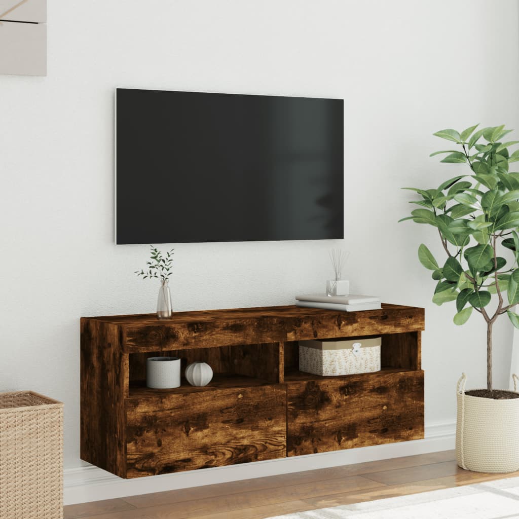 Mobile TV a Parete con Luci LED Rovere Fumo 100x30x40 cm - homemem39