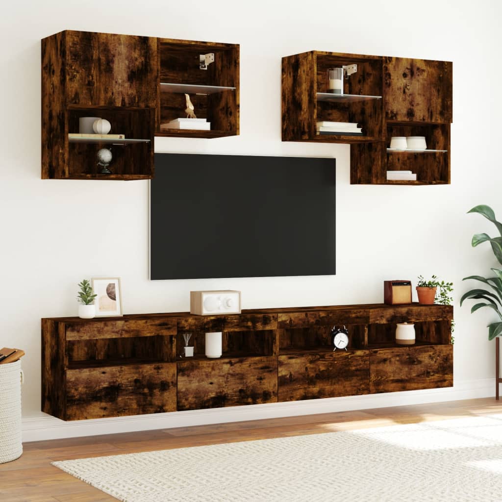 Mobile TV a Parete con Luci LED Rovere Fumo 100x30x40 cm - homemem39