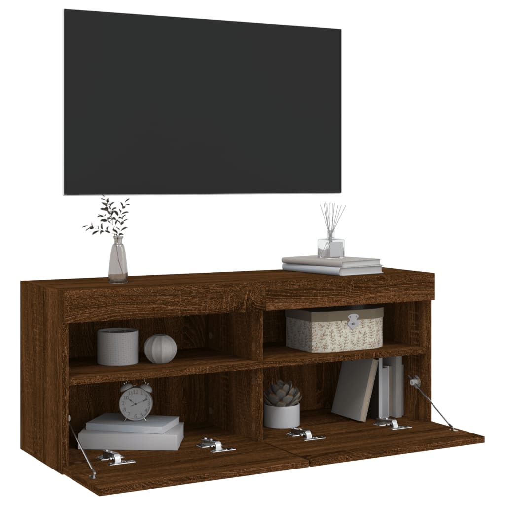 Mobile TV a Parete con Luci LED Rovere Marrone 100x30x40 cm - homemem39