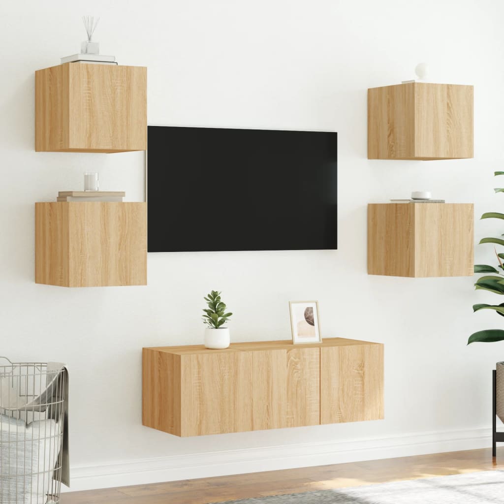 Mobile TV a Parete con Luci LED Rovere Sonoma 30,5x35x80 cm - homemem39