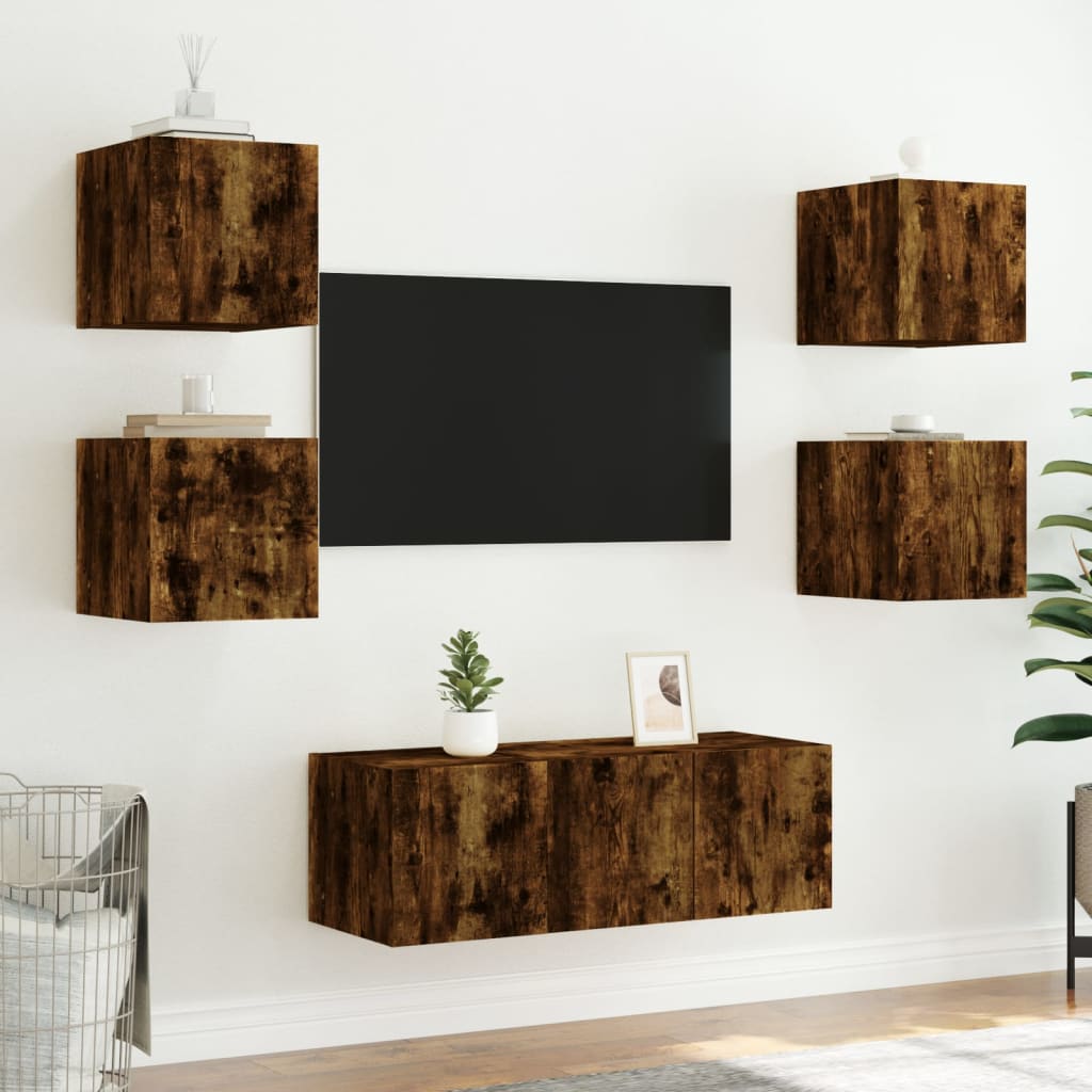 Mobili TV a Parete con Luci LED 2pz Rovere Fumo 30,5x35x30 cm - homemem39