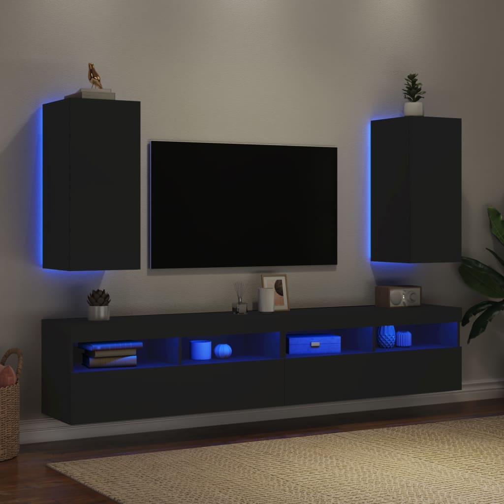 Mobili TV a Parete con Luci LED 2pz Neri 30,5x35x70 cm - homemem39