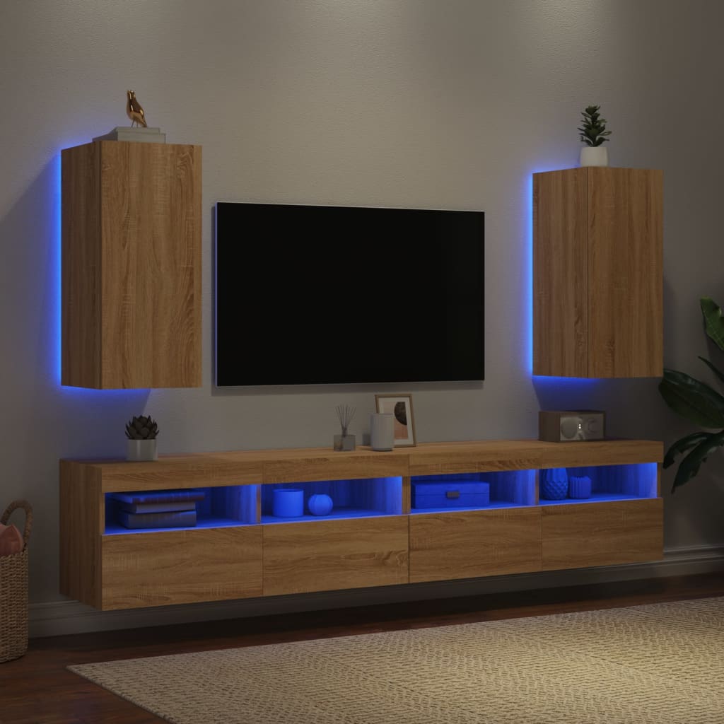 Mobili TV a Parete con Luci LED 2pz Rovere Sonoma 30,5x35x70 cm - homemem39